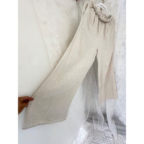 100% LINEN Women's medium Beige WIDE leg pull on pants Luxury “a. REN “ elastic - Picture 3 of 8